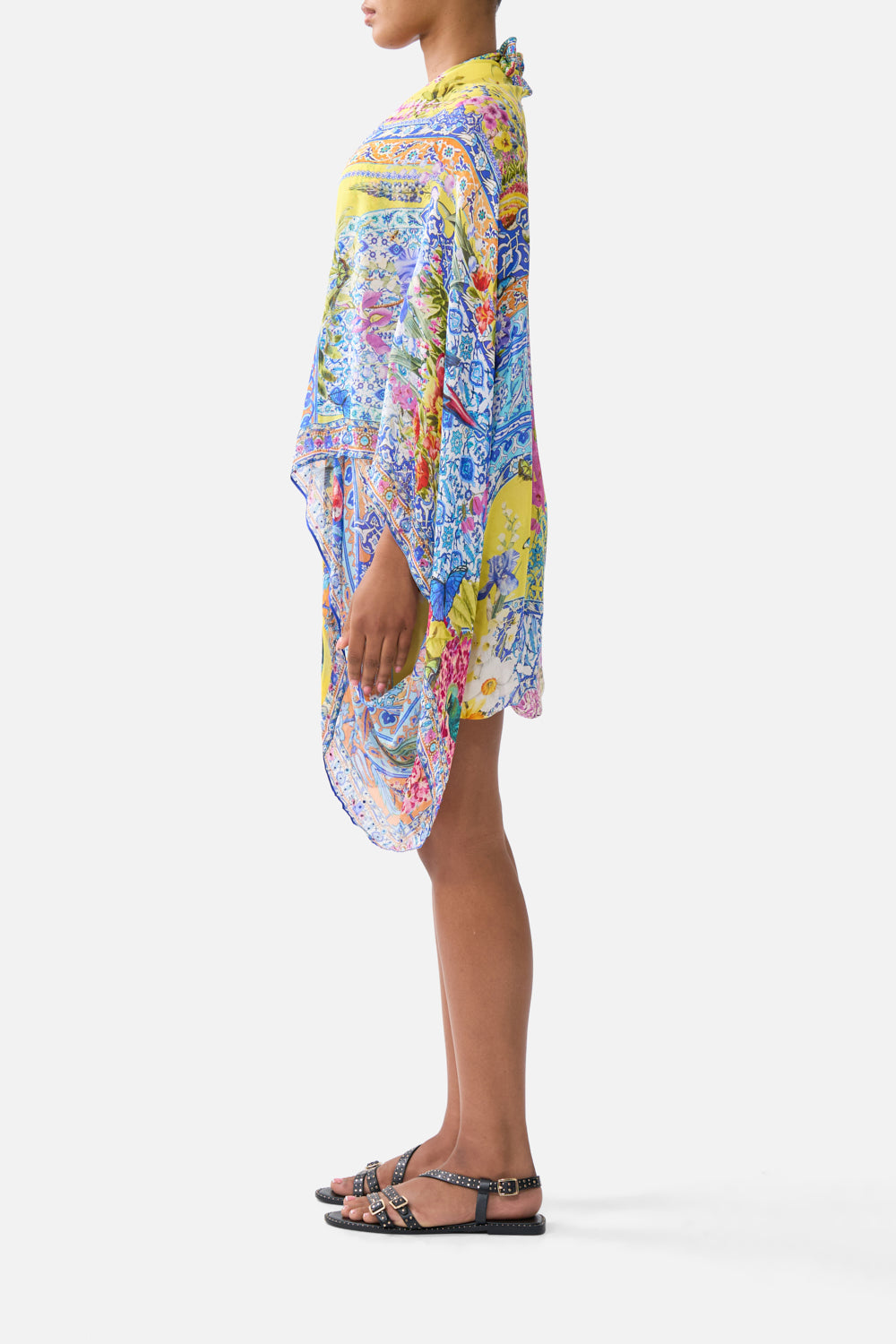 The CAMILLA TIERED SWING MINI DRESS A TILED WONDERLAND in our  print.
