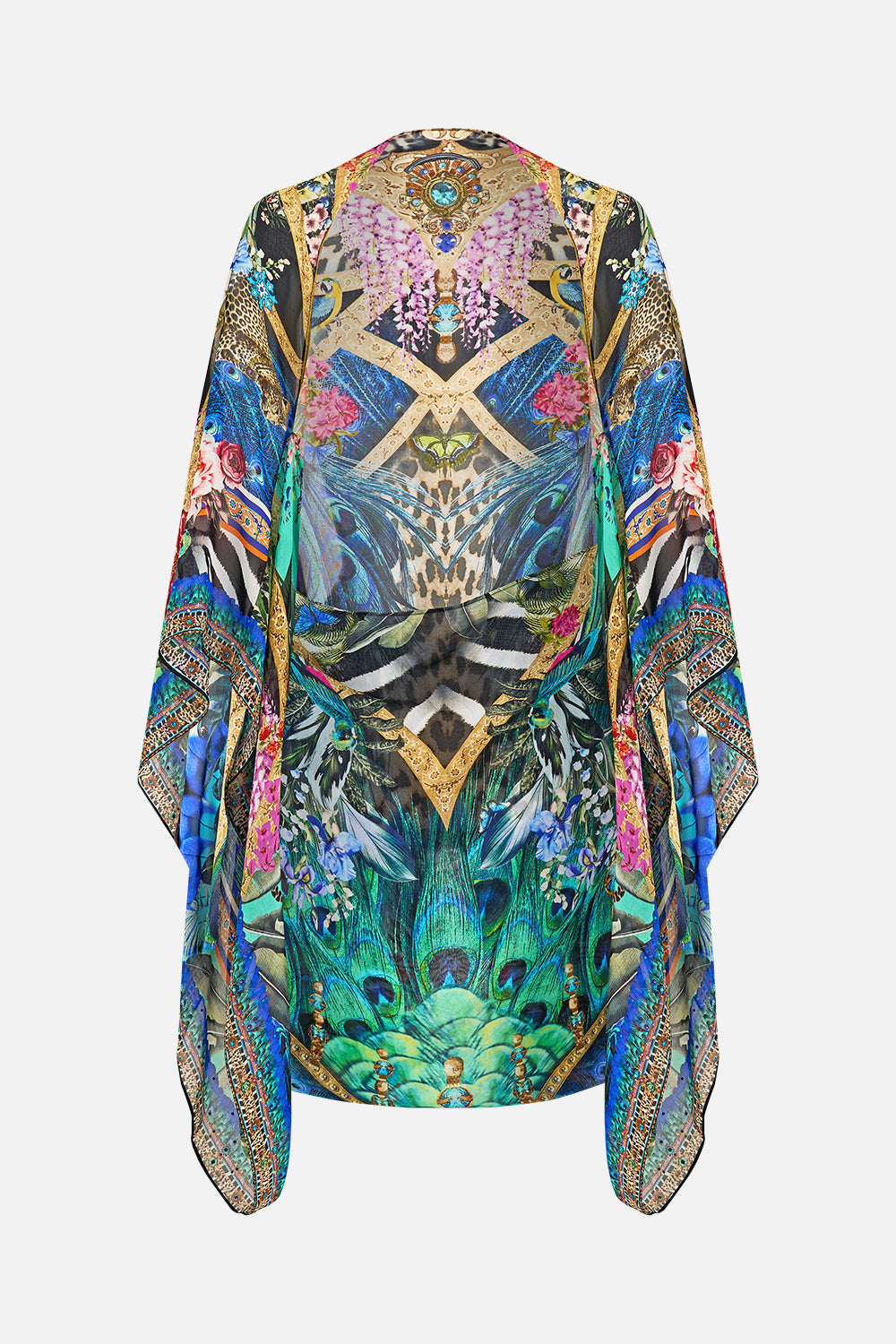 The CAMILLA LEATHER JACKET WITH YOKE AMULETS AND ALCHEMY in our  print.