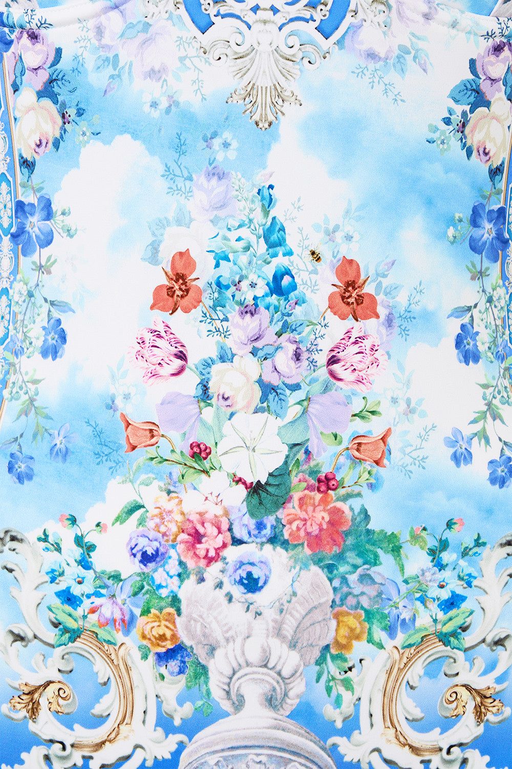 The CAMILLA WAISTED DRESS WITH HEM RUFFLE BENEATH THE ANDALUSIAN SUN in our  print.