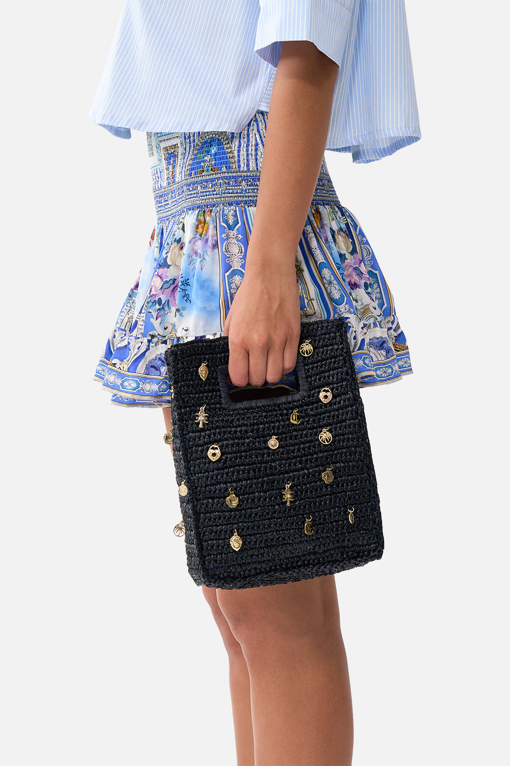 The CAMILLA RUFFLE HEM HALTER SHORT DRESS NAZAR NIRVANA in our  print.