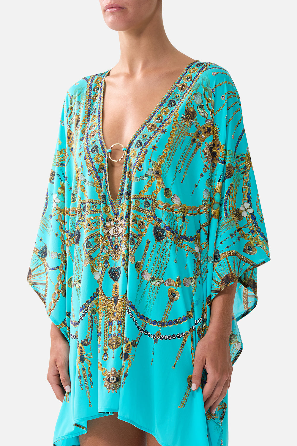 SHORT V NECK KAFTAN WITH RING FRONT TRIM TOTEMS AND TREASURES