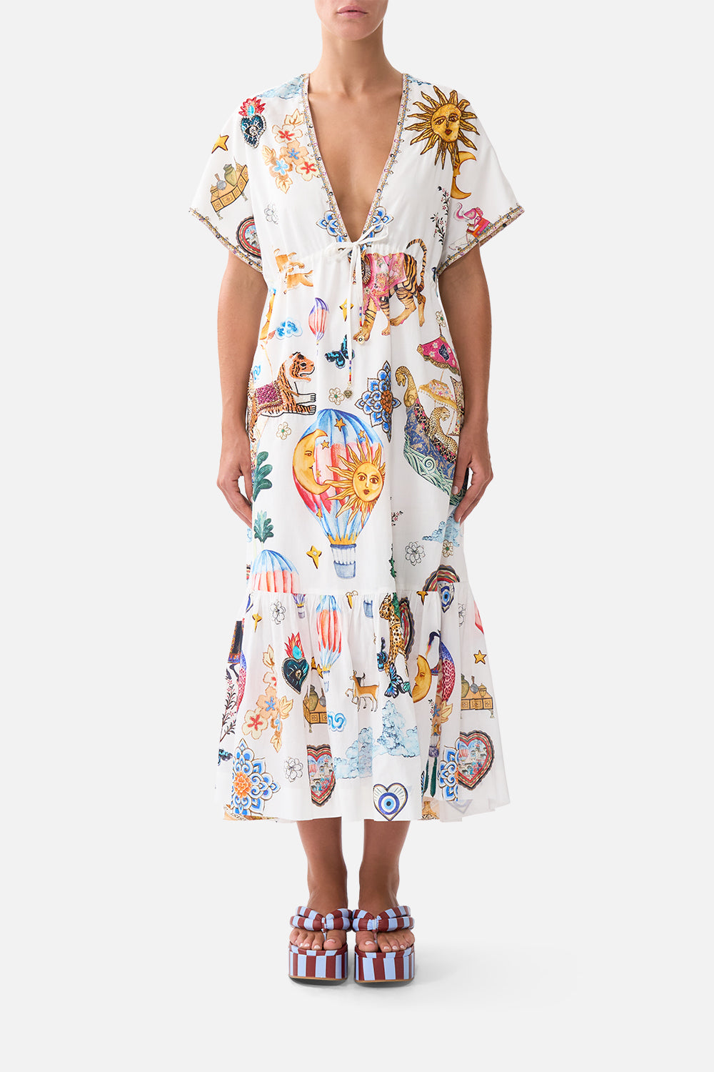 The CAMILLA BEAD STRAP GATHERED PANEL DRESS THE POTTERY PARLOUR in our  print.