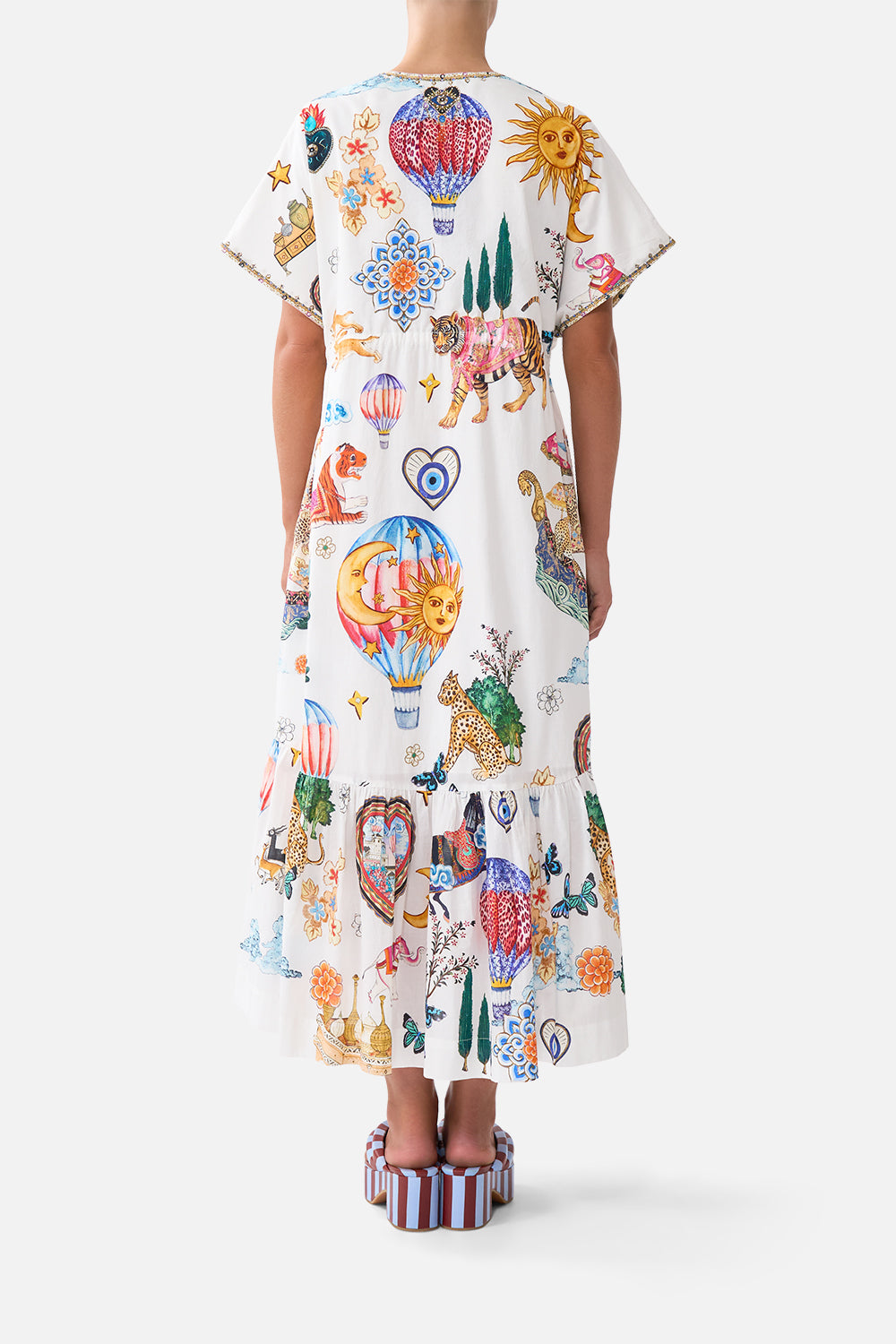 The CAMILLA BEAD STRAP GATHERED PANEL DRESS THE POTTERY PARLOUR in our  print.