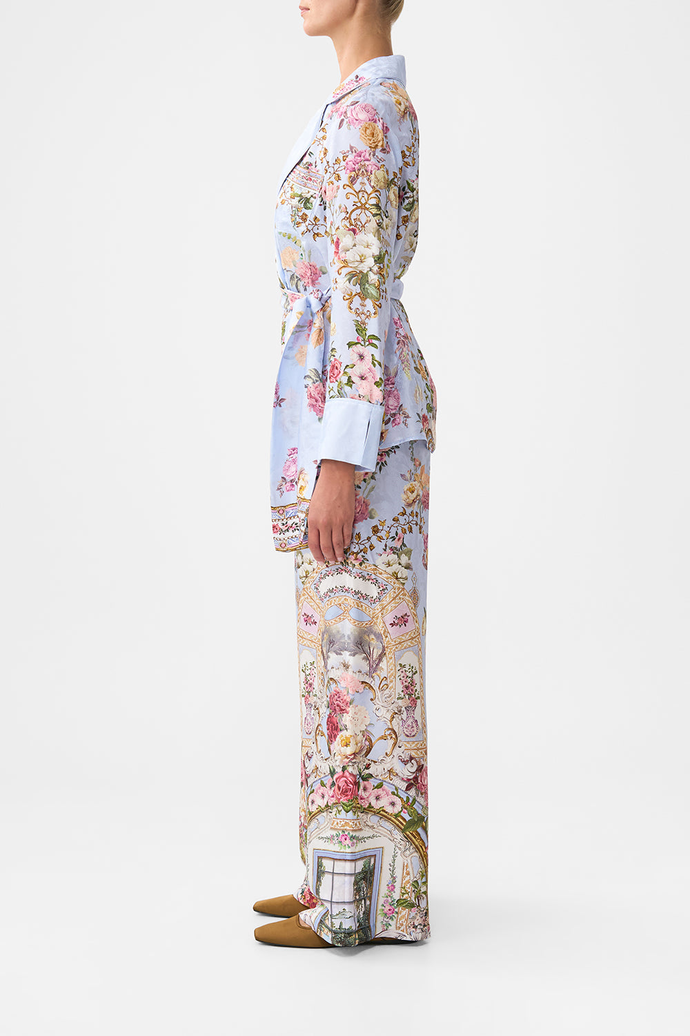 The CAMILLA V-NECK FULL LENGTH BIAS SLIP DRESS HEIRLOOM EMPIRE in our  print.