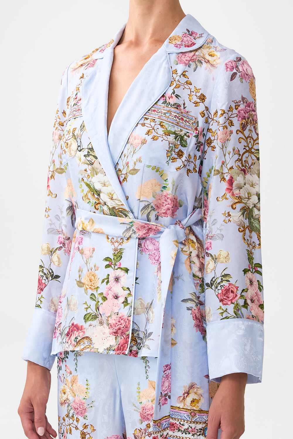 The CAMILLA V-NECK FULL LENGTH BIAS SLIP DRESS HEIRLOOM EMPIRE in our  print.
