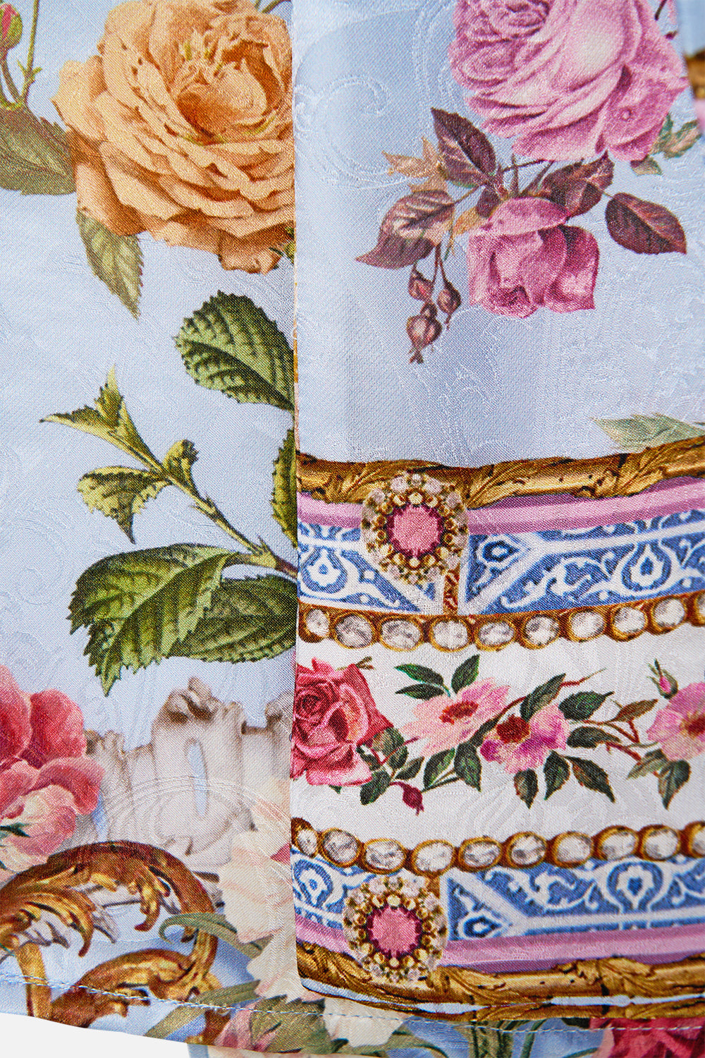 The CAMILLA V-NECK FULL LENGTH BIAS SLIP DRESS HEIRLOOM EMPIRE in our  print.