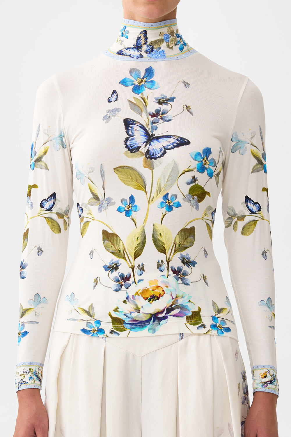 The CAMILLA ASYMMETRICAL RUFFLE SLIP DRESS BAZAAR BLOOMS in our  print.
