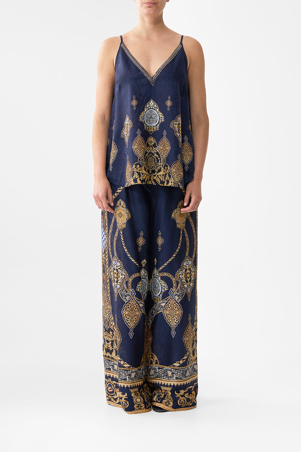 The CAMILLA wide leg waisted pant from our print the imperial gate, front model view