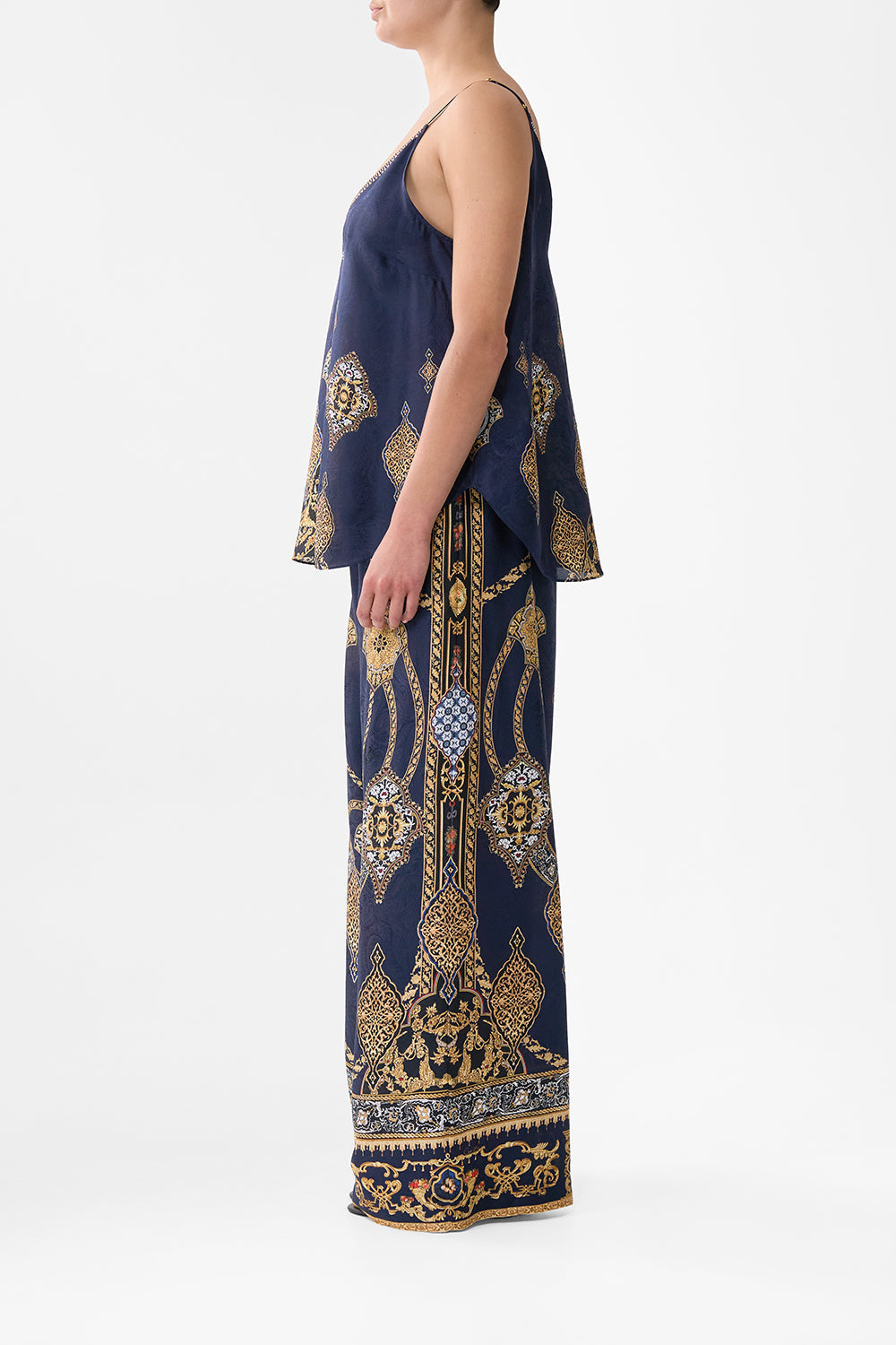 The CAMILLA wide leg waisted pant from our print the imperial gate, side model view