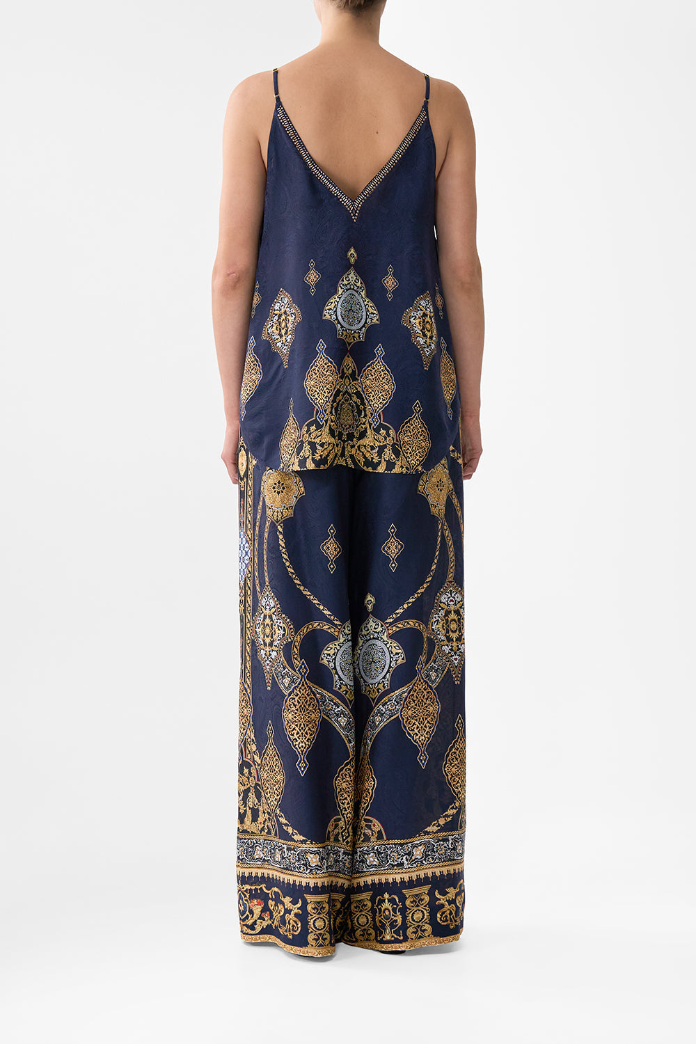 The CAMILLA wide leg waisted pant from our print the imperial gate, back model view