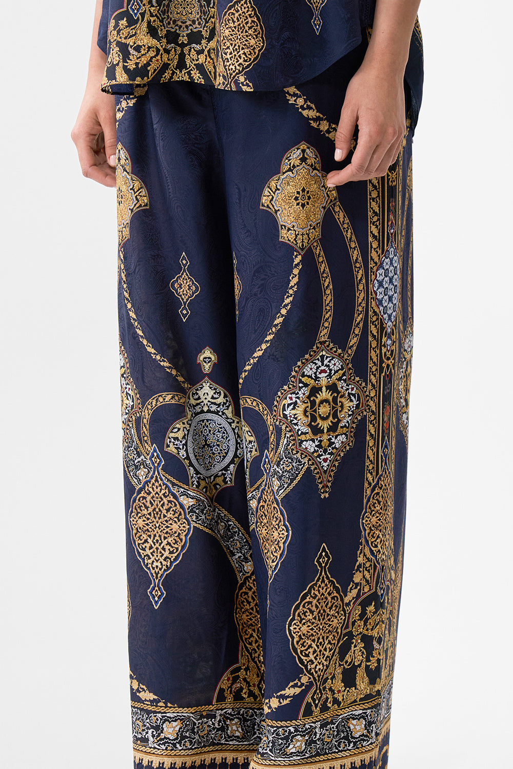 The CAMILLA wide leg waisted pant from our print the imperial gate