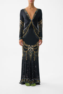 LONG SLEEVE GATHERED DRESS WITH TRAIN AMULETS AND ALCHEMY