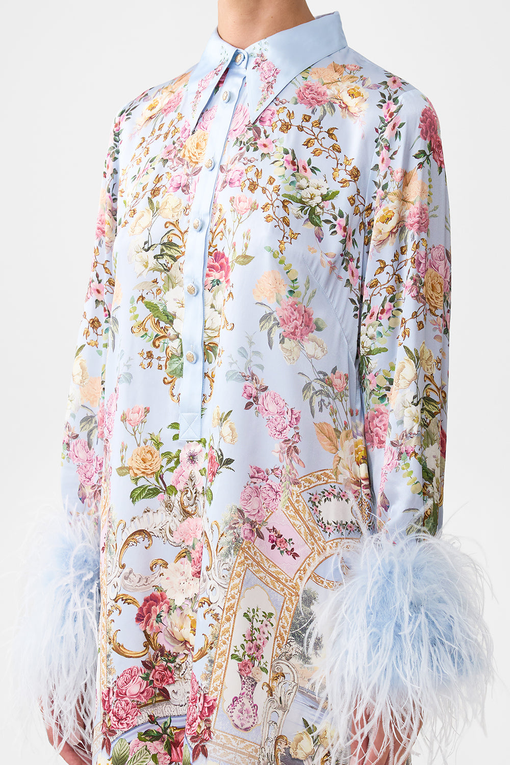 The CAMILLA COLD SHOULDER RUFFLE TOP DARLING BUDS in our  print.