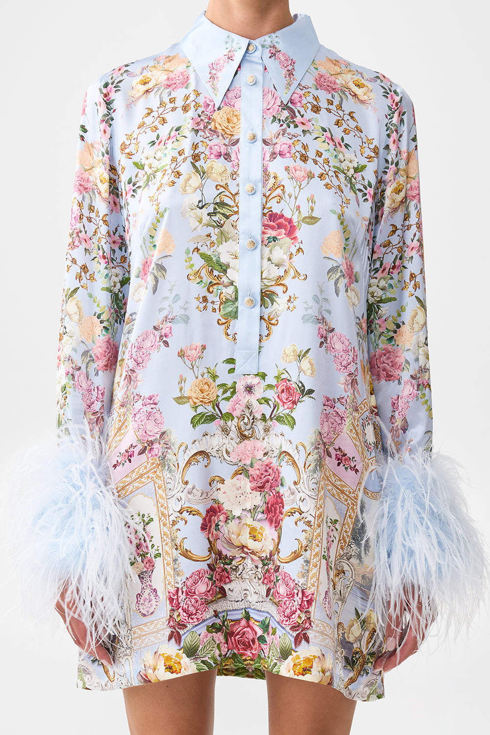 The CAMILLA COLD SHOULDER RUFFLE TOP DARLING BUDS in our  print.