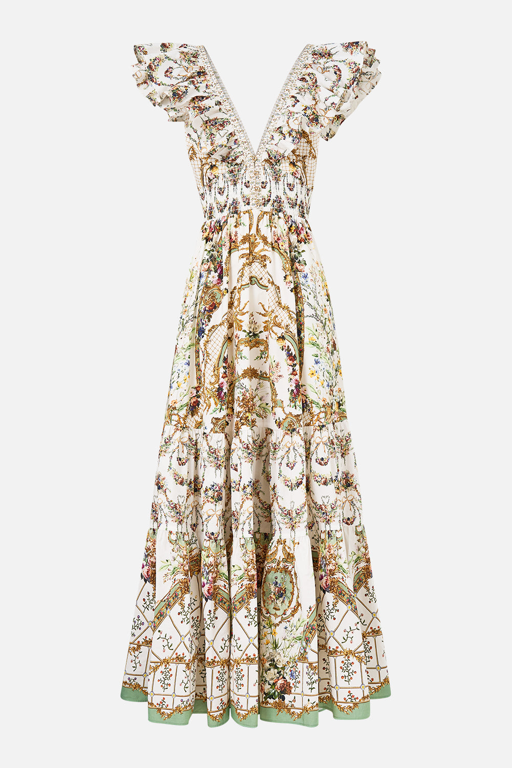 The CAMILLA Tiered Dress With Neck Frill in our Dressing Room Drama print.