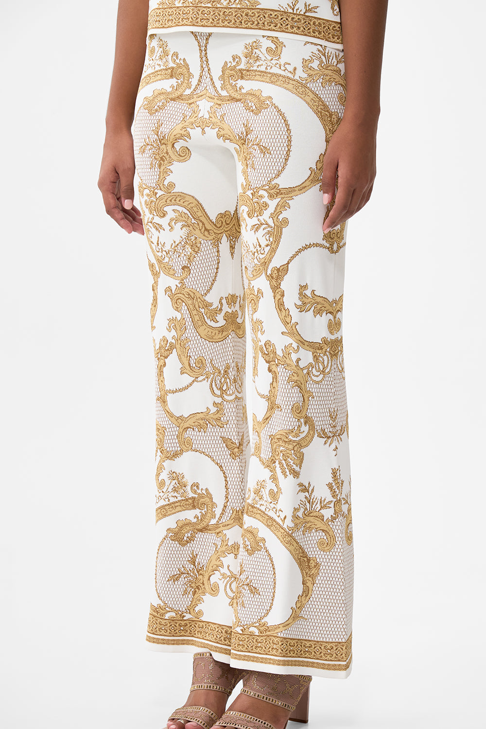 The CAMILLA Flared Jacquard Knit Pant in our Dressing Room Drama print.