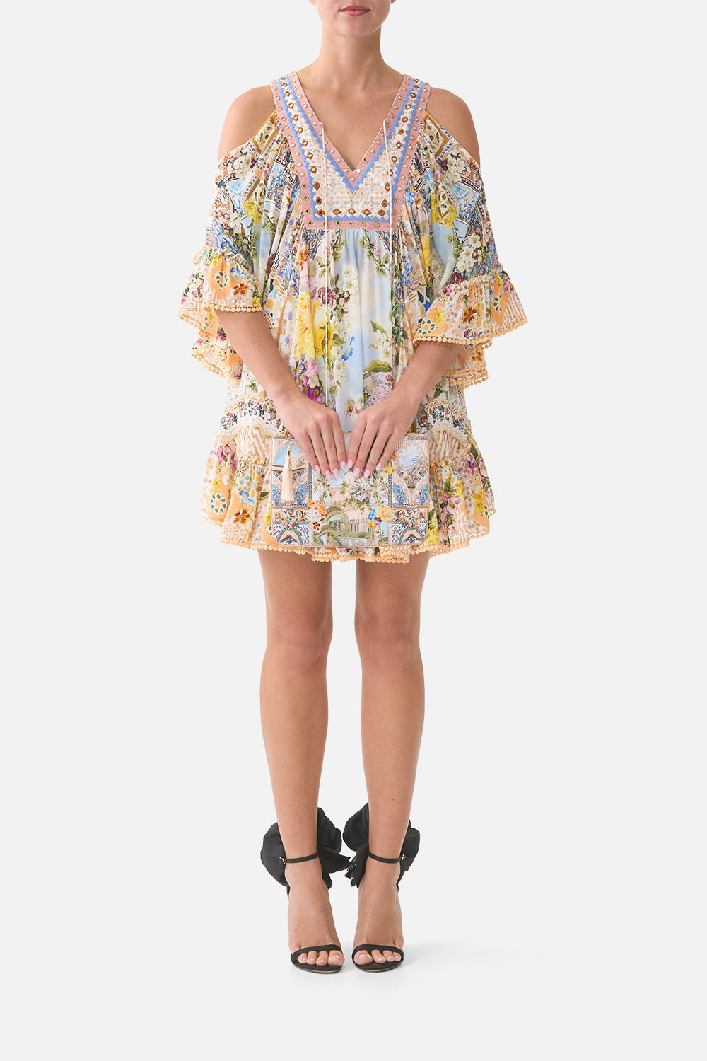 The CAMILLA V NECK RELAXED SHORT DRESS WITH DROPPED WAIST A TILED WONDERLAND in our A TILED WONDERLAND print.