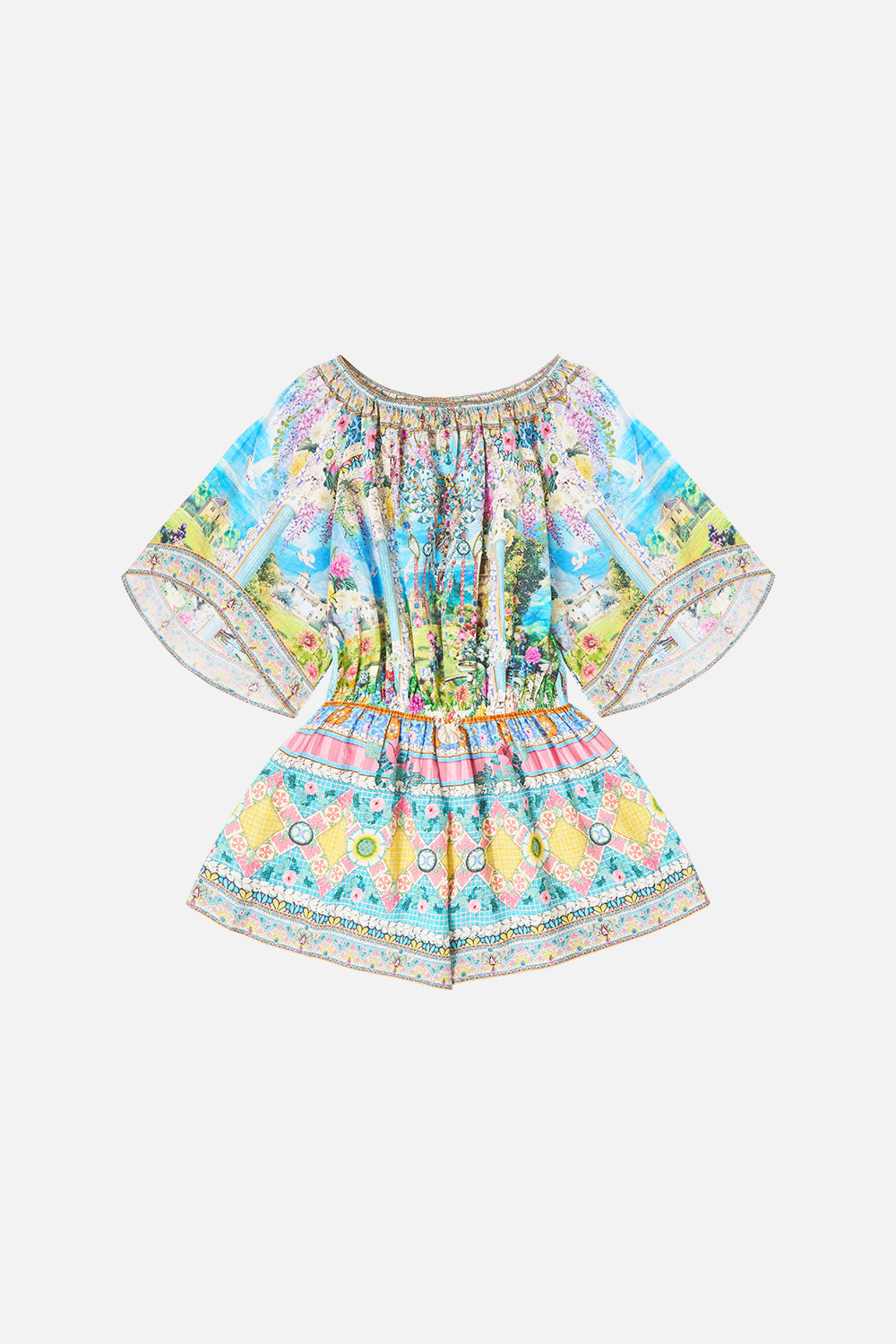 The CAMILLA BOYS MID LENGTH BOARDSHORT WITH ELASTIC WAIST A TILED WONDERLAND in our A TILED WONDERLAND print.