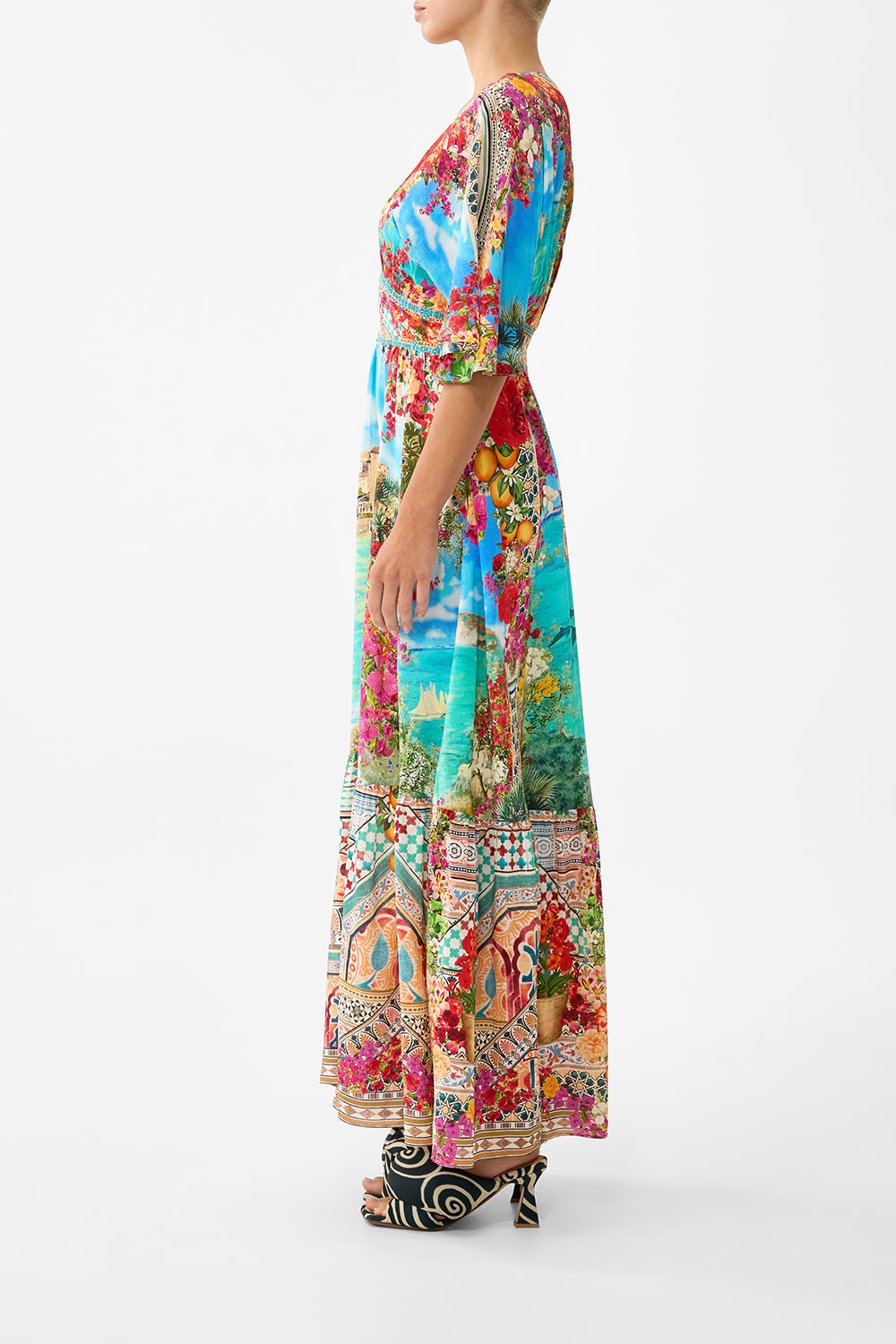 The CAMILLA V NECK KAFTAN WITH DROP WAIST BALEARIC BEBÉ in our  print.