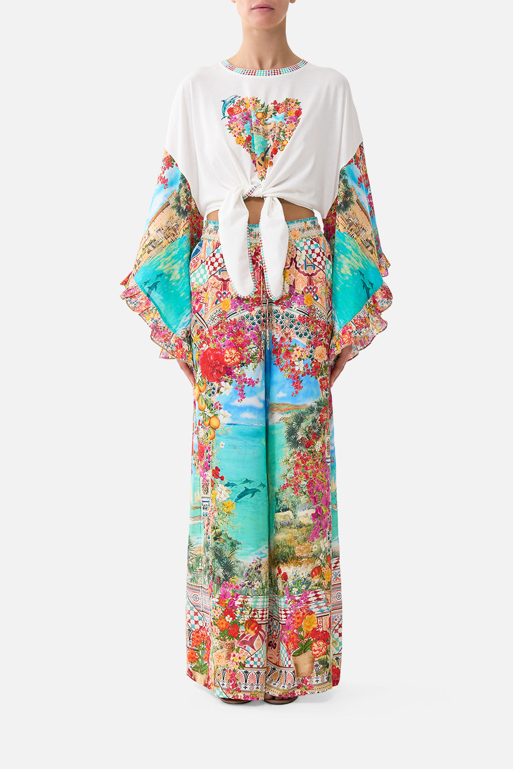 The CAMILLA LONG SARONG WITH TIE WAIST AND FRILL EDGE THE POTTERY PARLOUR in our  print.