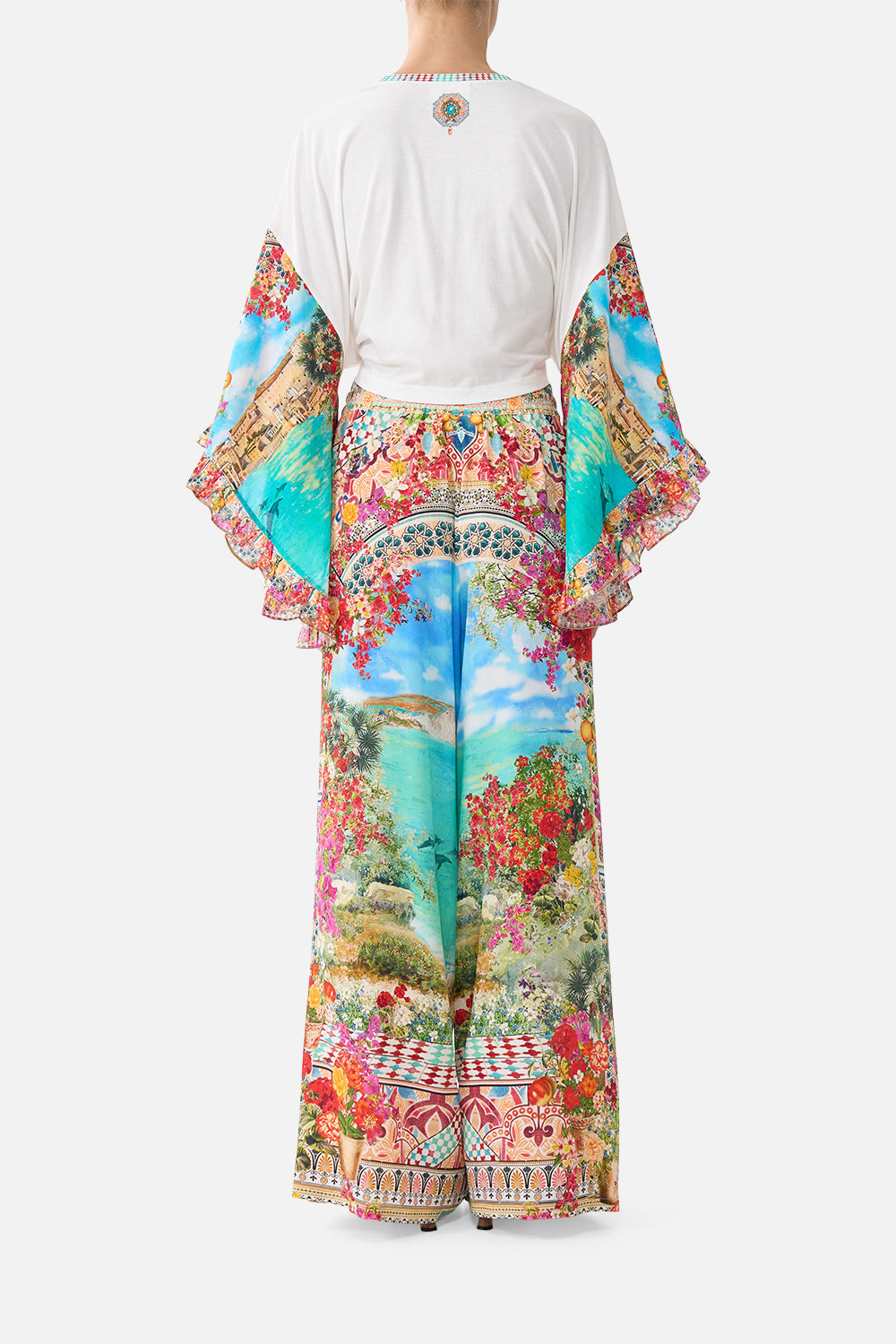 The CAMILLA LONG SARONG WITH TIE WAIST AND FRILL EDGE THE POTTERY PARLOUR in our  print.