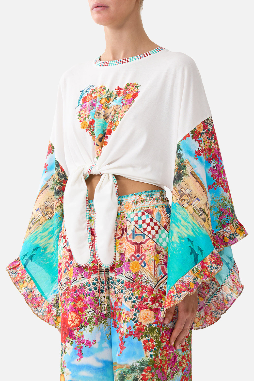 TIE FRONT RUFFLE SLEEVE T-SHIRT MEET ME IN MALLORCA