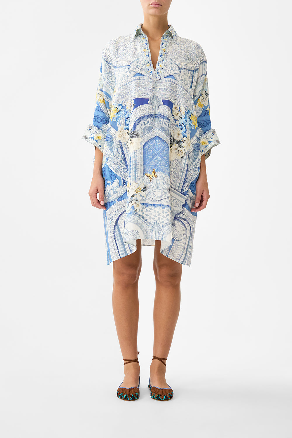 The CAMILLA ASYMMETRIC SPLICED LACE DRESS I LEFT MY HEART IN GRANADA in our  print.