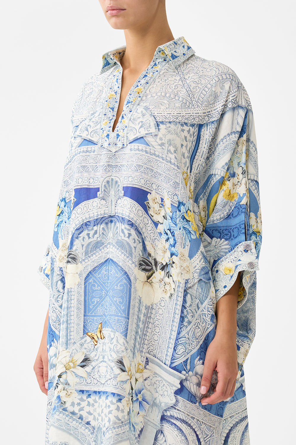 The CAMILLA ASYMMETRIC SPLICED LACE DRESS I LEFT MY HEART IN GRANADA in our  print.