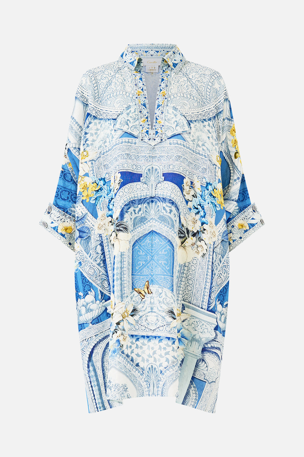 The CAMILLA ASYMMETRIC SPLICED LACE DRESS I LEFT MY HEART IN GRANADA in our  print.
