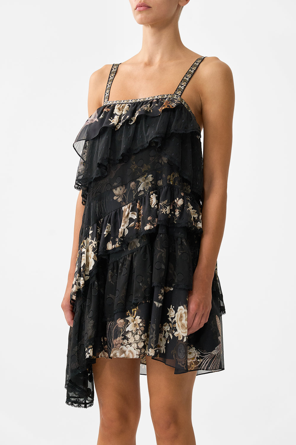 ASYMMETRIC SPLICED LACE MINI DRESS FLAMENCO FOLKLORE