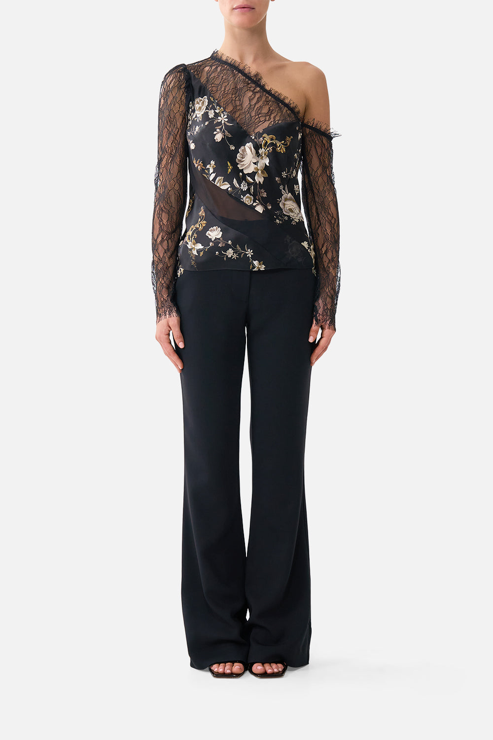 The CAMILLA lace splice one shoulder top in our print Flamenco Folklore. Front model view.