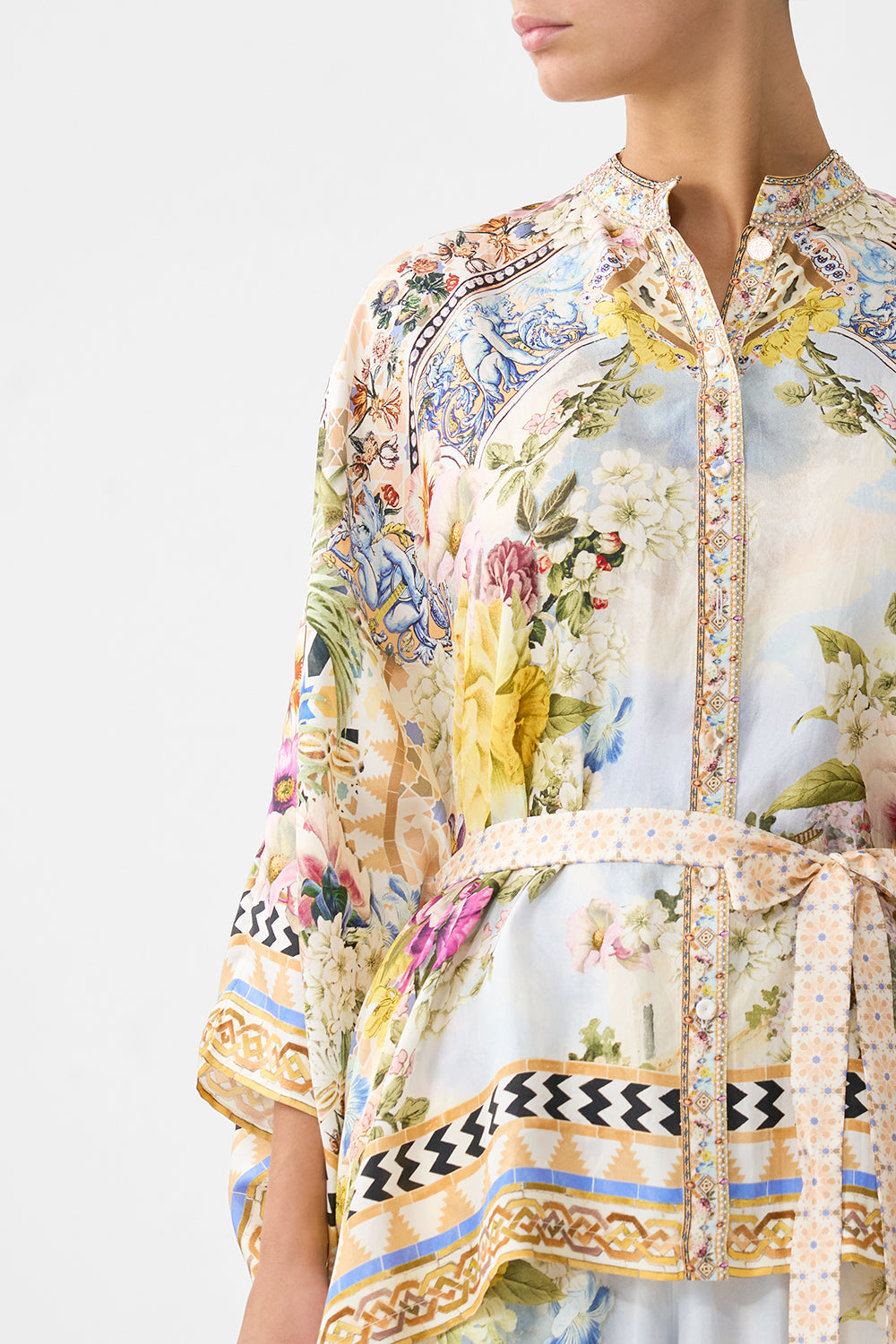 The CAMILLA WAISTCOAT WITH BUTTON FRONT FLAMENCO FOLKLORE in our  print.