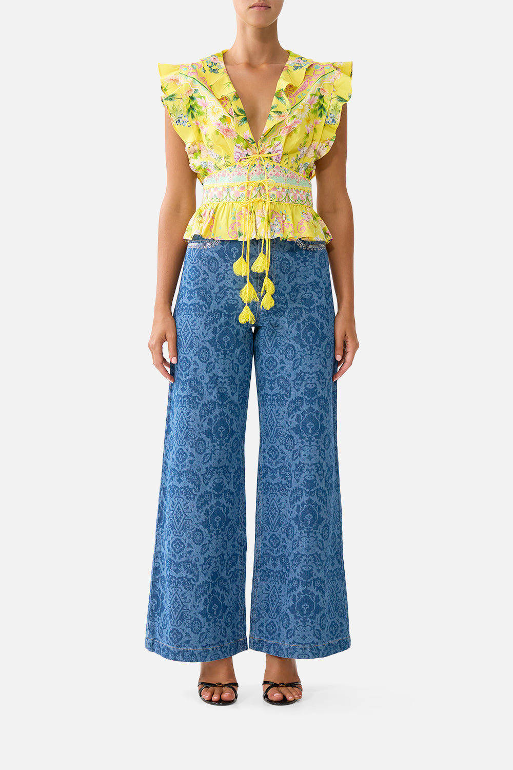 The CAMILLA LACE SPLICE ONE SHOULDER TOP FLAMENCO FOLKLORE in our FLAMENCO FOLKLORE print.