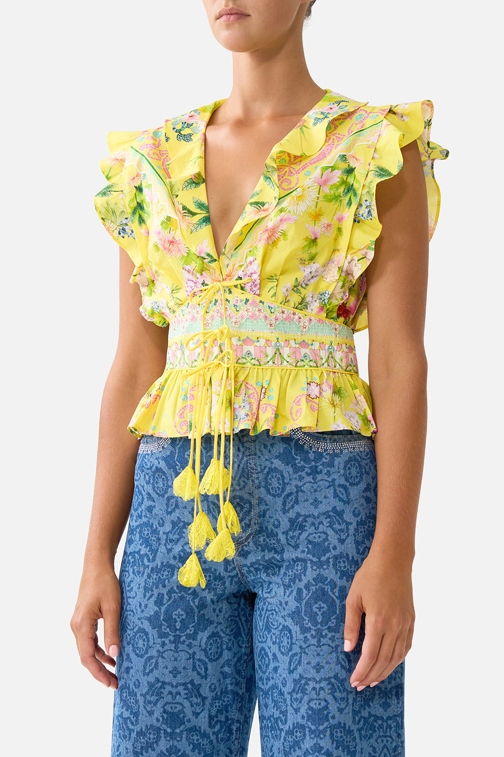 The CAMILLA LACE SPLICE ONE SHOULDER TOP FLAMENCO FOLKLORE in our  print.