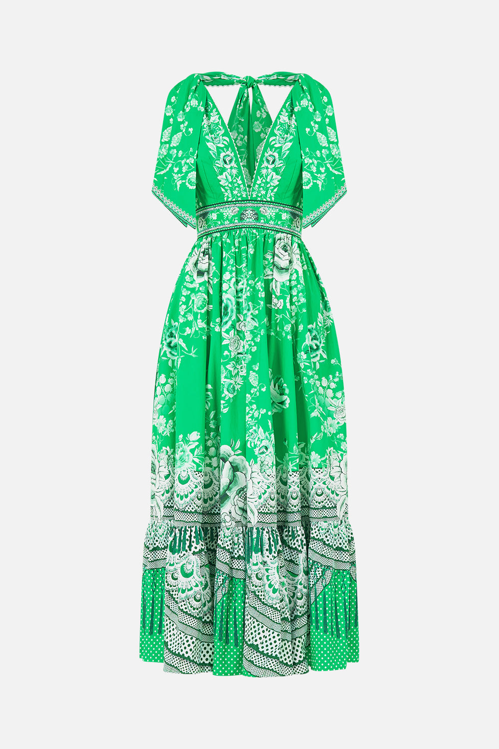 The CAMILLA LONG DRESS WITH TIE FRONT DIAL UP THE TILES in our DIAL UP THE TILES print.