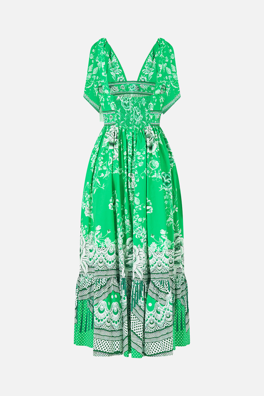The CAMILLA LONG DRESS WITH TIE FRONT DIAL UP THE TILES in our  print.