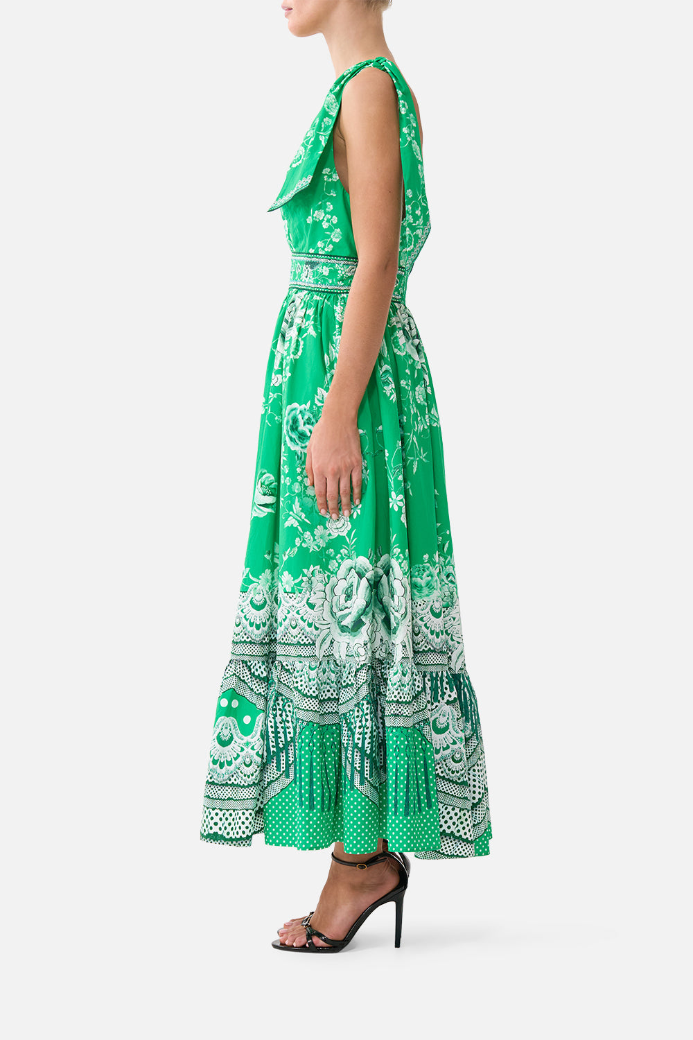 The CAMILLA LONG DRESS WITH TIE FRONT DIAL UP THE TILES in our  print.
