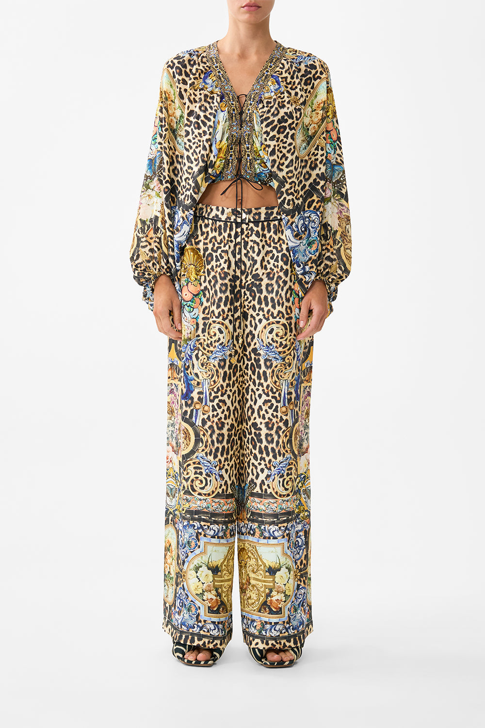 The CAMILLA FRILL NECK DRESS WITH HARDWARE DAUGHTERS OF DUENDE in our  print.