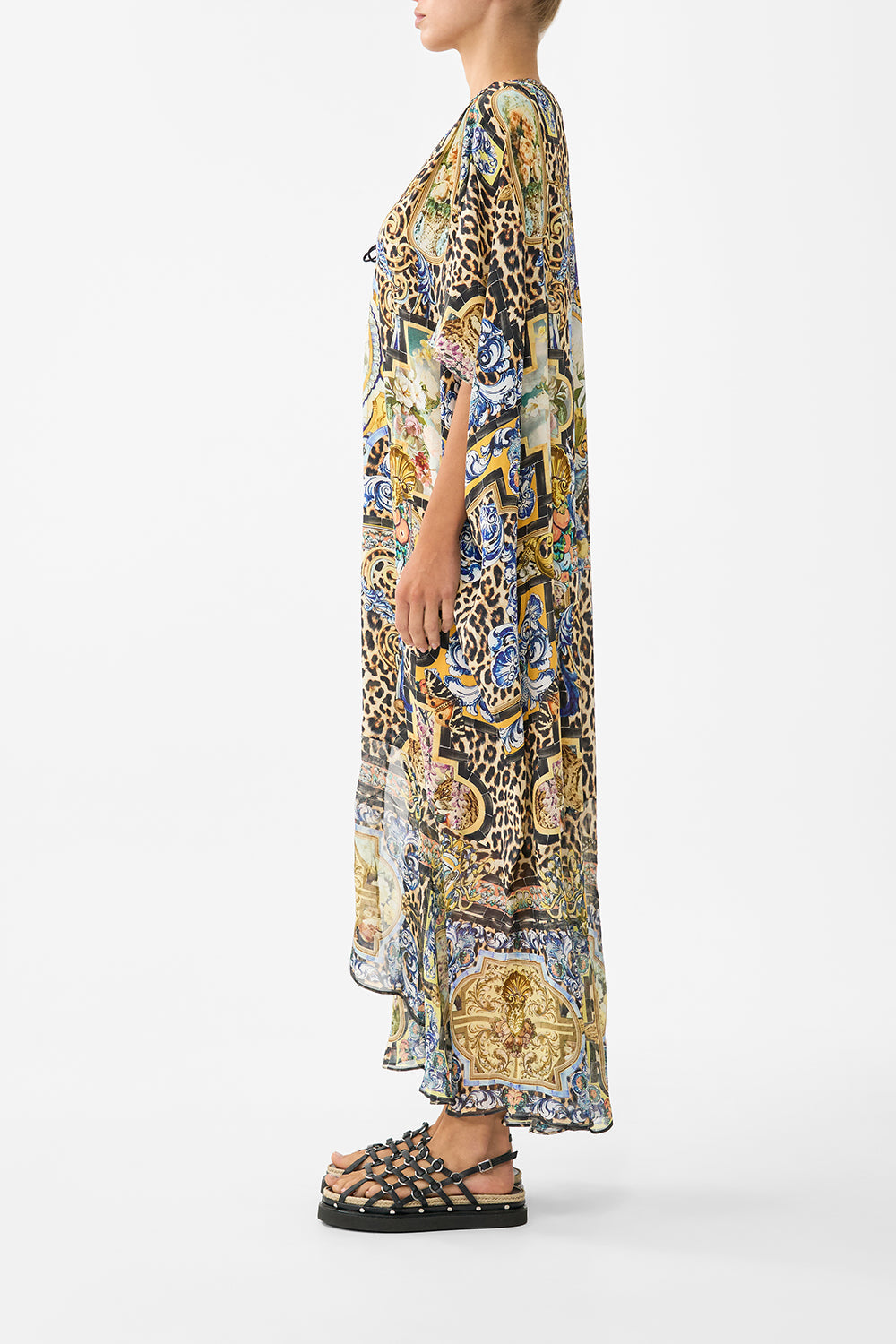 The CAMILLA DOUBLE FRILL SLEEVE MIDI DRESS A TILED WONDERLAND in our  print.