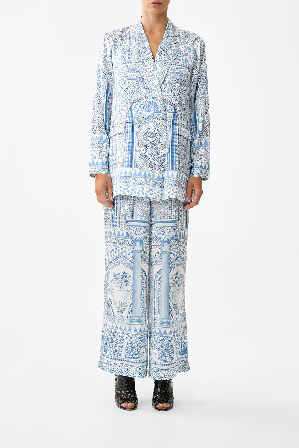 The CAMILLA LONG SARONG WITH GATHERED TAB AND LEG SPLIT THE CALL OF CATALONIA in our  print.