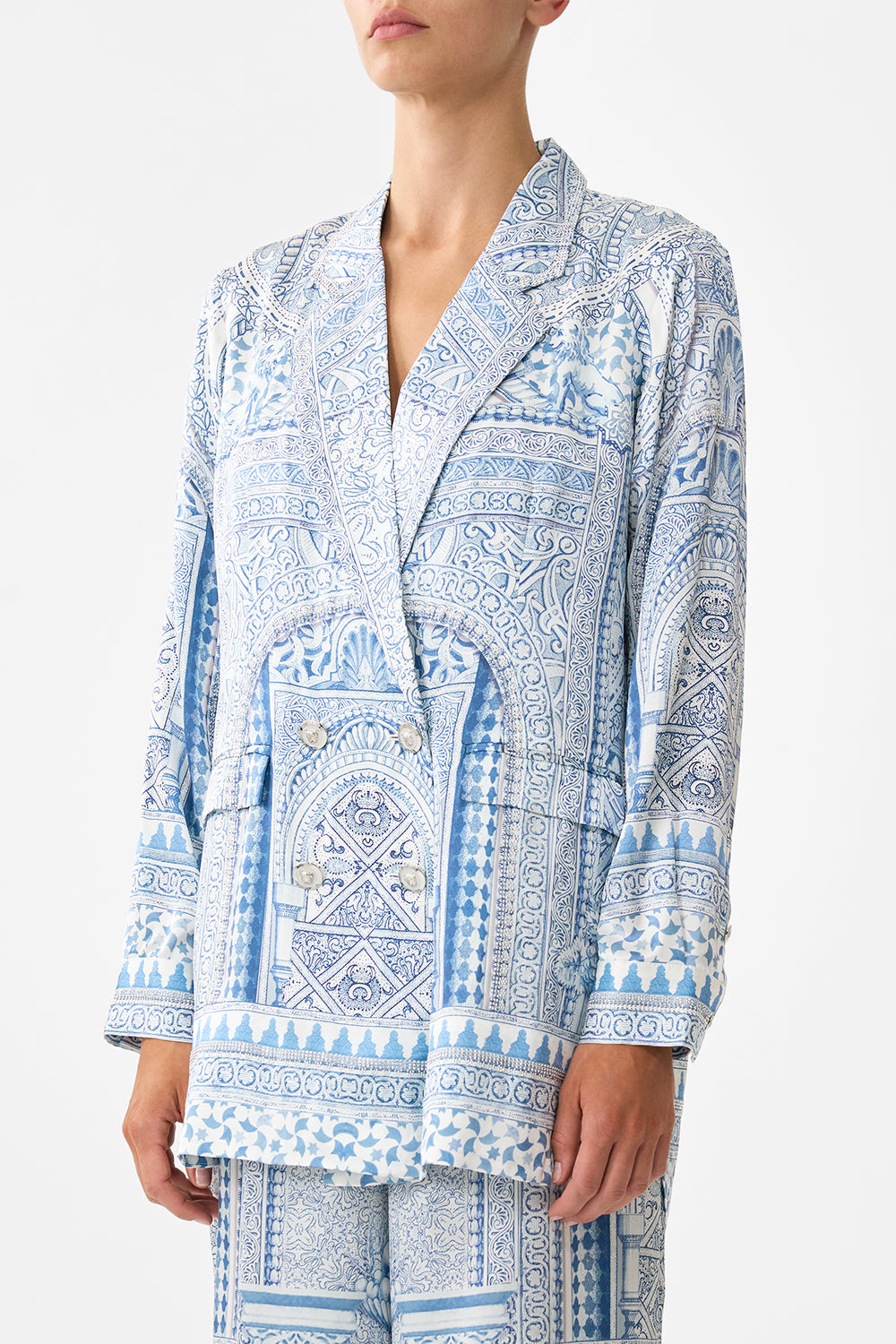 The CAMILLA LONG SARONG WITH GATHERED TAB AND LEG SPLIT THE CALL OF CATALONIA in our  print.