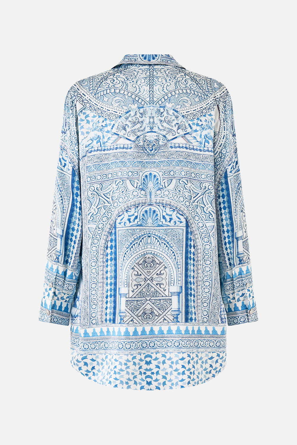 The CAMILLA WAIST TIE SHIRT DRESS A TILED WONDERLAND in our  print.