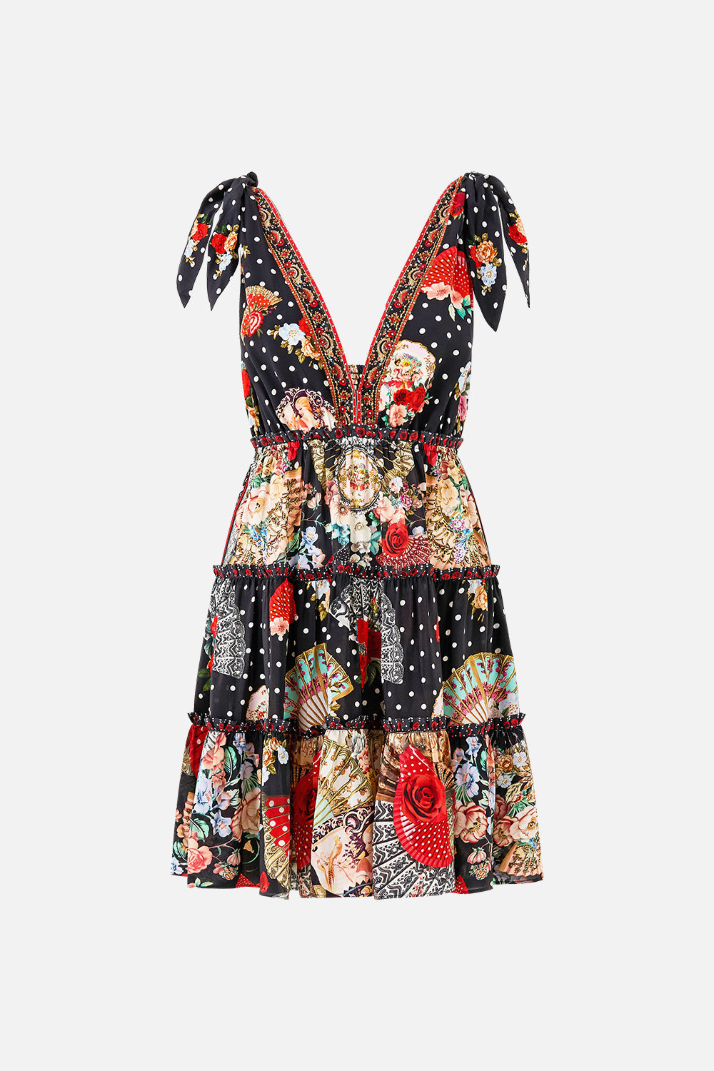 The CAMILLA RUFFLE TOP WITH TIE FRONT DETAIL TORERO LIBERTINE in our  print.