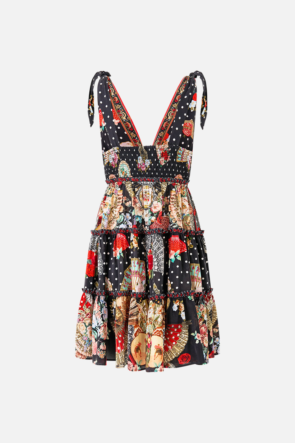 The CAMILLA RUFFLE TOP WITH TIE FRONT DETAIL TORERO LIBERTINE in our  print.