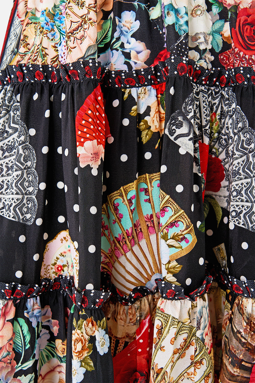 The CAMILLA RUFFLE TOP WITH TIE FRONT DETAIL TORERO LIBERTINE in our  print.