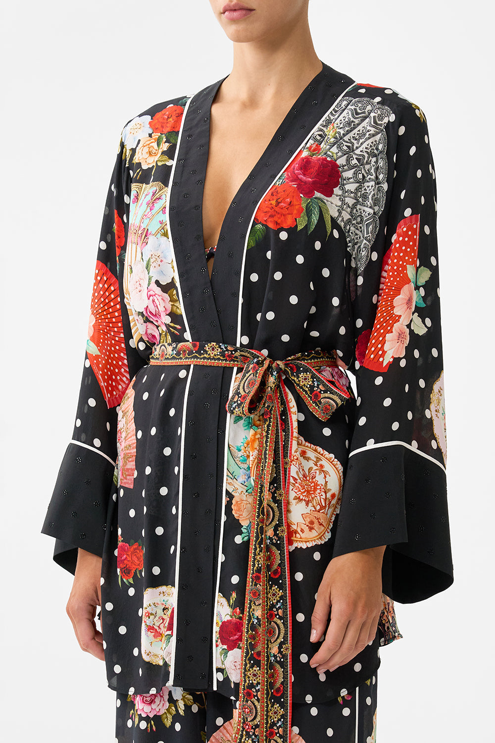 The CAMILLA LONG KAFTAN WITH WAIST DETAIL CERAMIC PANORAMIC in our CERAMIC PANORAMIC print.