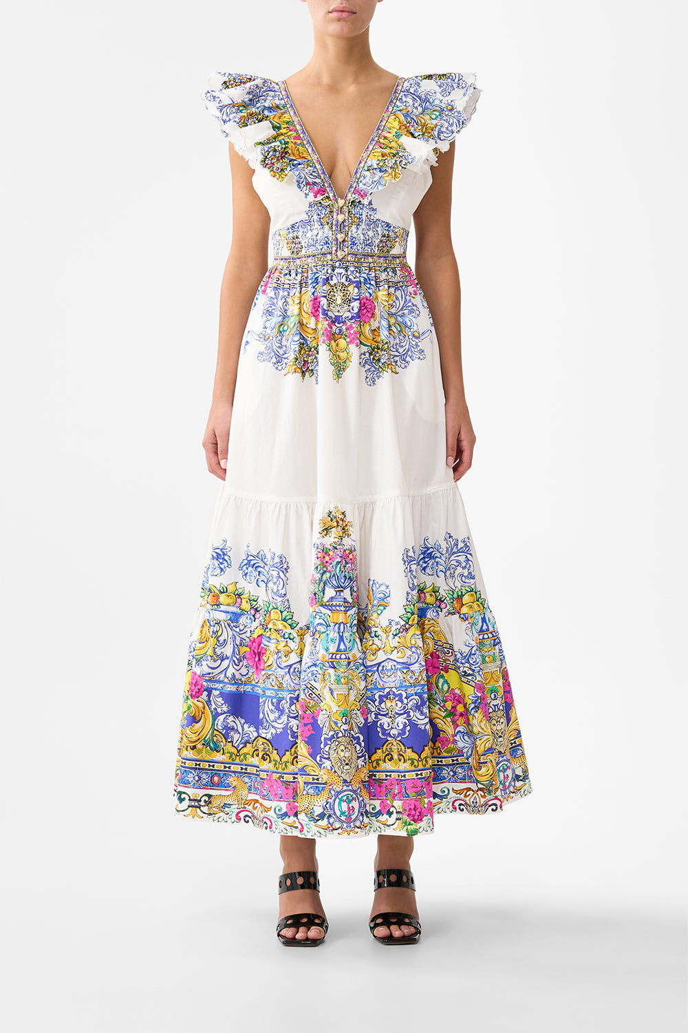 The CAMILLA TIERED DRESS WITH NECK FRILL LADY LIMONADA in our  print.