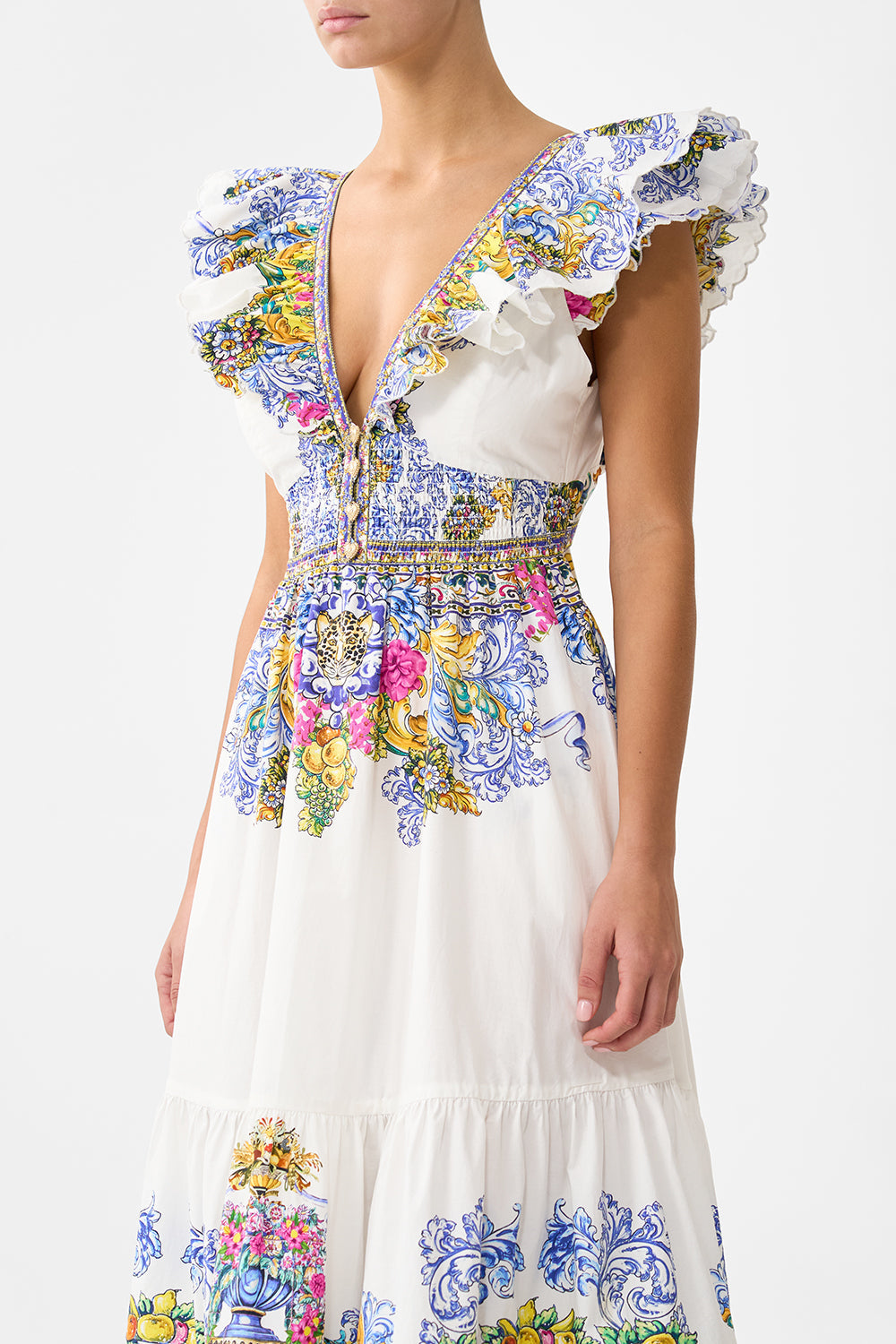 The CAMILLA TIERED DRESS WITH NECK FRILL LADY LIMONADA in our  print.