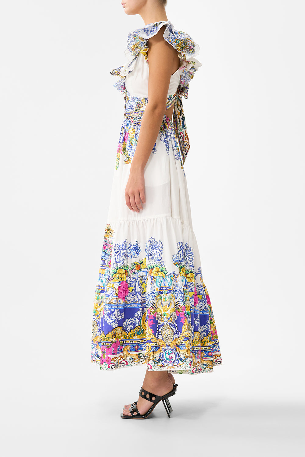 The CAMILLA TIERED DRESS WITH NECK FRILL LADY LIMONADA in our  print.