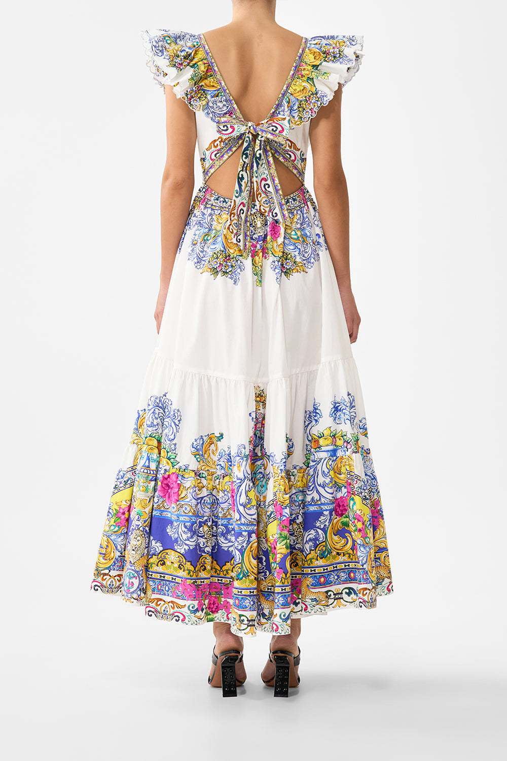 The CAMILLA TIERED DRESS WITH NECK FRILL LADY LIMONADA in our  print.
